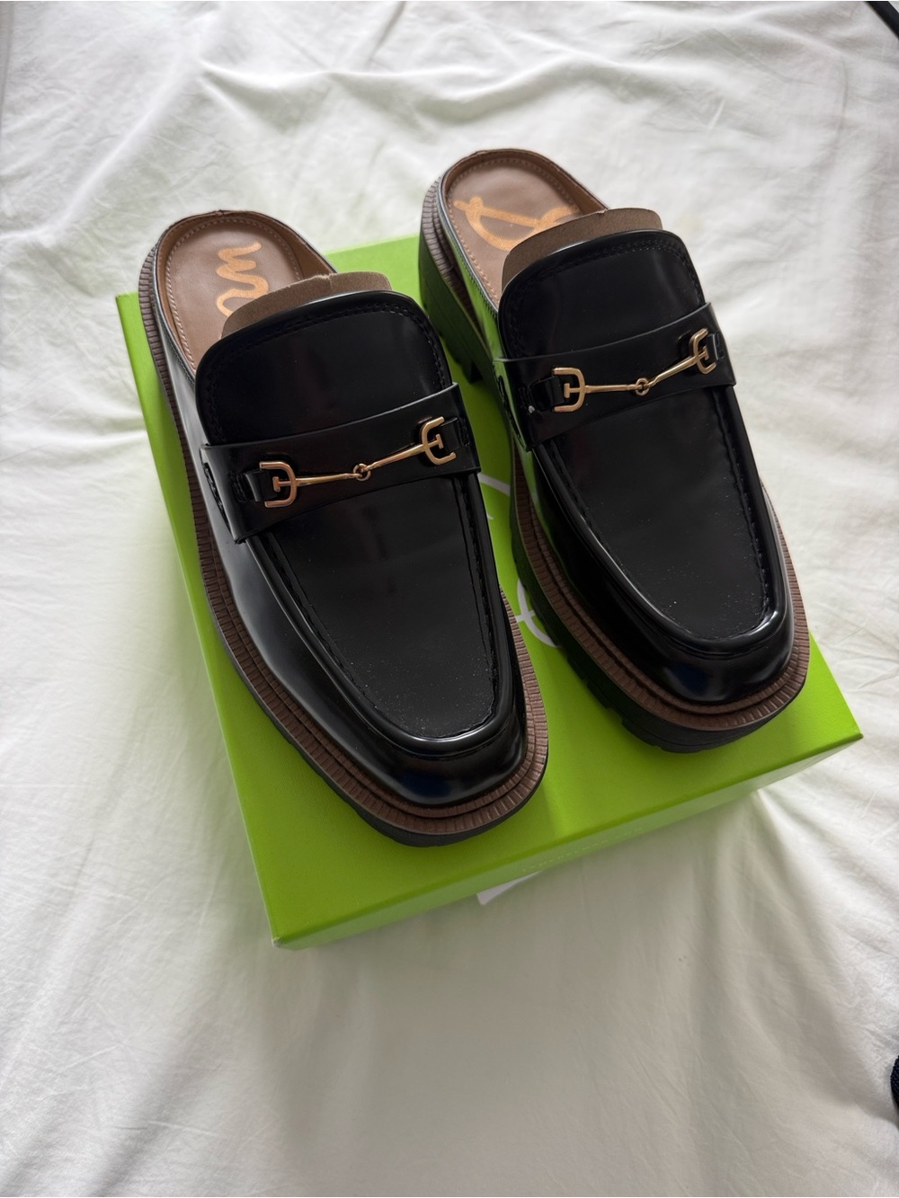 NWT - Sam Edelman Black Patent Slip-On Loafer Mules with Gold Horsebit